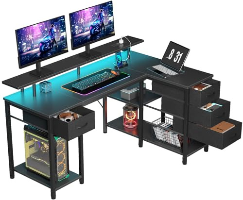 Seventable Computertisch L Form mit 4 Schubladen & Ablageflächen, Gaming Tisch mit LED & Steckdosen, Gaming Schreibtisch mit Monitorständer für Homeoffice, Schlafzimmer, Wohnzimmer (Schwarz, 120 cm)