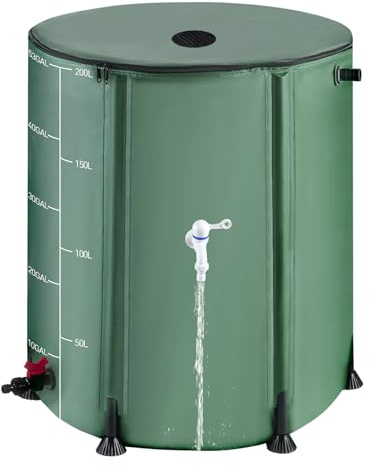 Faltbares Regentonne mit Reißverschluss und 12 Stangen, 200 l tragbares Regenwassersammelsystem mit 1 Zapfen und 2 Überlauf, 1000D Oxford Regenfangfass für Outdoor, Garten, Camping