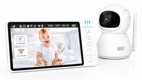 BURNNOVE Babyphone mit Kamera ohne WLAN, 5 Zoll IPS 720P, 3500mAh Akku | Nachtsicht, VOX, Gegensprechfunktion, 2-Wege-Audio, Temperaturanzeige, 4X Zoom, 355° Schwenken, Schlaflieder
