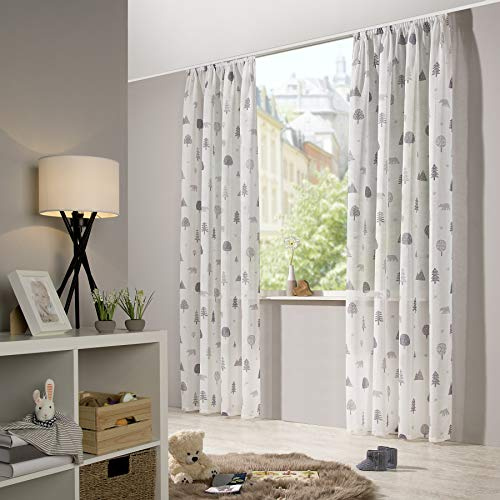heimtexland ® Vorhang Kindergardine Leinen Optik Natur Grau Skandinavisch Wald Bär Gardine transparent Schienenband Kinderzimmer Ökotex Typ563 Weiß - Grau mit Kräuselband I HxB 225x135 cm