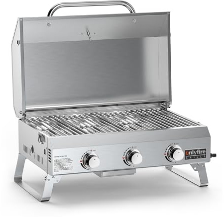 Onlyfire 3 Brenner Tragbarer Gasgrill | Tischgasgrill mit Grillrost | 7Kw | Grillfläche 56,5 × 34 cm | mit Thermometer, Deckel | Klappbaren Beinen | BBQ Campinggrill für Terrasse, Balkon und Garten