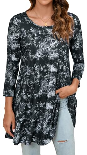 Enmain Damen Tunika Shirt Langarm 3/4 Ärmel Bluse Longshirt Blumen Paisley Longbluse Elegant Lässig Rundhals Long Locker Tops S-5XL