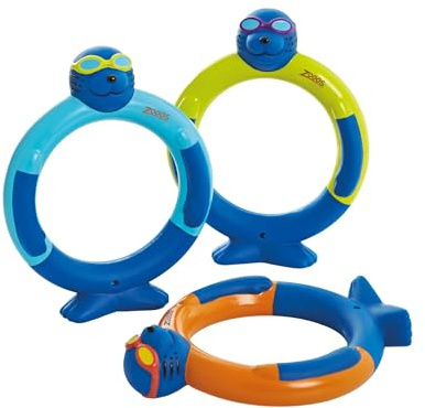 Zoggs Dive Rings Tauchringe, Tauchspielzeug für Kinder (3er-Pack, Blau/Limette/Orange) – Sicheres Wasserspielzeug für Kinder Outdoor zur Wassergewöhnung, Planschbecken & Pool Spielzeug