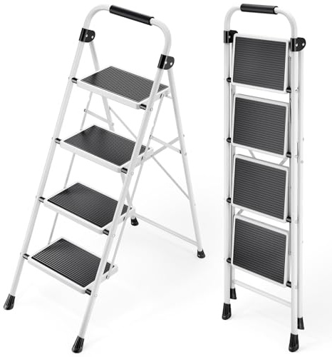 KINGRACK Stufen Leiter, Klappleiter mit Anti-Rutsch und breitem Pedal, Kleine Leiter mit Griff, Robuste Stahlleiter, leichte und tragbare Trittleiter (Weiß, 4 Stufen mit handläufen)