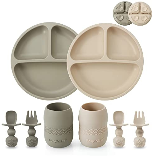 PandaEar Silikon Baby Geschirrset Kindergeschirr| 2 Kinder Baby Teller mit Saugnapf mit 2 Babylöffel 2 Gabeln und 2 Baby Becher Trinklernbecher ab 4 Monate| Esslernbesteck blw led Weaning Zubehör