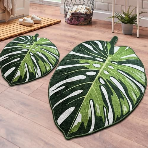 miqna Monstera Muster Grün Badezimmermatte – 2 Teileg Set, rutschfest Waschbar badematte, Roboterstaubsauger-freundlich, Badematte Grün, Badvorleger (Lapel, 60 x 100 cm - 50 x 60 cm)