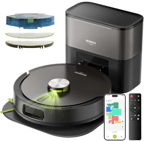 MONSGA Saugroboter mit Wischfunktion 10000PA & Absaugstation 4L Selbstentl | Dual Anti-Tangle System, LiDAR-Navigation, 160 Min Laufzeit, Ideal für Teppiche und Tierhaare, APP Steuerung
