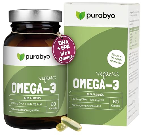 Purabyo Algenöl OMEGA 3 Vegan | im Glas | Nur 1 Kapsel täglich | Zwei-Monatsversorgung | hochdosiert | Hoher EPA Gehalt | 250 mg DHA und 125 mg EPA | vegan | laborgeprüft und abgefüllt in Deutschland