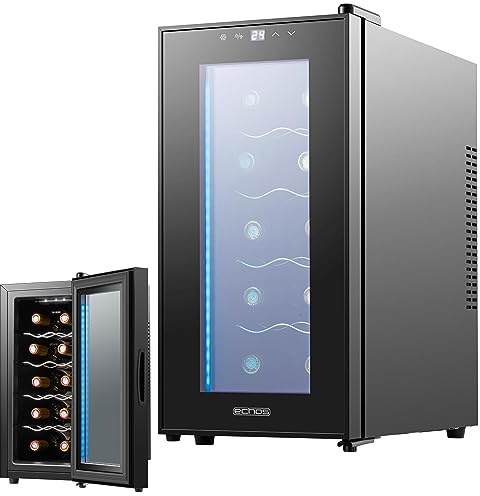 Echos Weinkühlschrank 10 Flaschen 28 Liter LED Beleuchtung Weinkühler Weinklimakühlschrank Mini Kühlschrank Wein Kühler Minibar mit Glastür