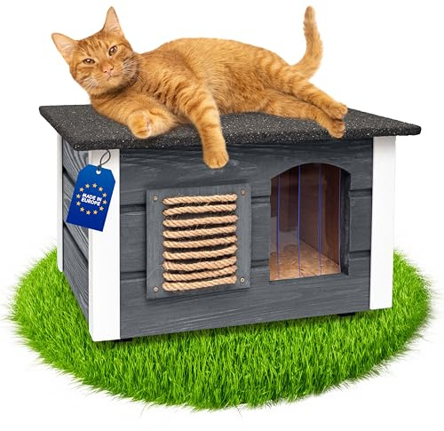 Outentin Katzenhaus Outdoor Winterfest - Katzenhäuschen für Draußen - Isolierte Schutzhütte - Wasserdicht und Wetterfest - Katzenhütte für Draußen - 61 X 39 X 36 cm (Grau)