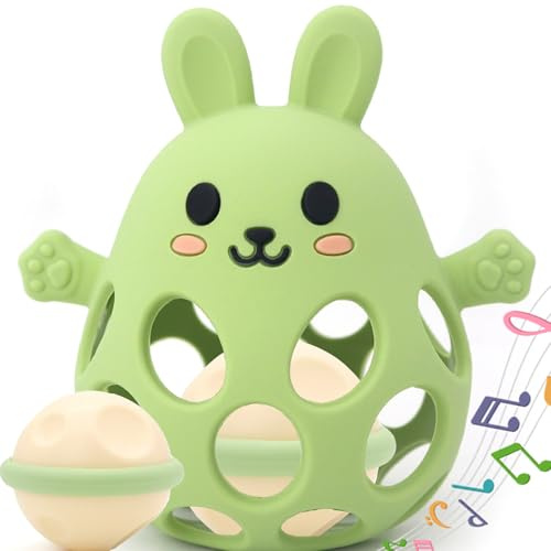 Greifball Für Babys-Verbesserter Rasselball Montessori Spielzeug Baby Zahnungshilfe-BPA Frei Beißspielzeug Baby Geschenk Für Von 3-18 Monaten (Olivgrün, Hase)