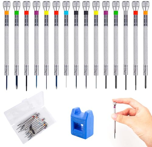 13 Stück Präzisions Schraubendreher, Schraubendreher für Uhrmacher, Uhrmacher Schraubendreher Set mit Entmagnetisierer, 0.6mm-2.0mm Uhrmacherwerkzeug mit 13 STK Ersatzklinge