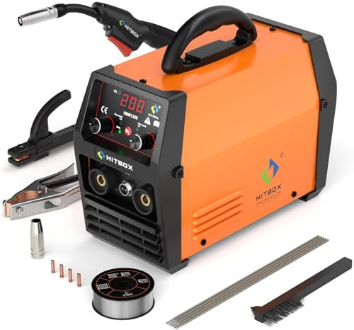 HITBOX Schweißgerät, 130A 3 in 1 Fülldraht Schweißgerät mit MMA/MIG/LIFT WIG Schweissgerät, inkl Abnehmbarem MB15 Brenner und 0,8 mm Fülldraht, neues HBM1200 Upgrade