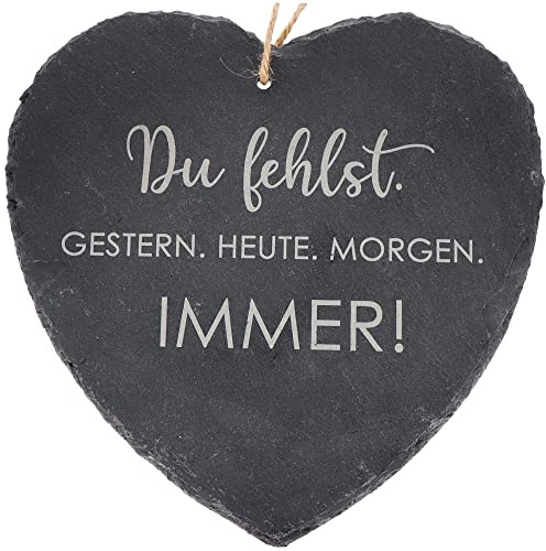 Spruchreif | Großes Schieferherz "Du fehlst..." (20 x 20 cm) mit graviertem Spruch | Grabdeko | Wetterfest