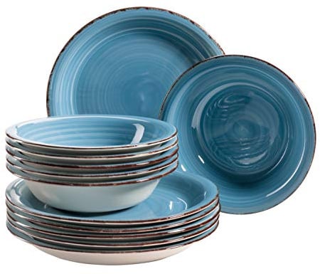 MÄSER 931602 Bel Tempo II Teller-Set für 6 Personen im modernen Vintage Look, 12-teiliges Tafelservice, handbemalt, Dunkelblau, Steingut, Blau
