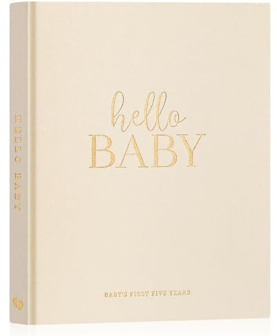 Lanpn Hello Baby Erstes 5 Jahr Babytagebuch für Mädchen Junge, Leinen Hardcover Baby Tagebuch zum Eintragen Babybuch 154 Seiten für neue Eltern, Baby Erinnerungsbuch Album Geschenk, Beige, Englisch