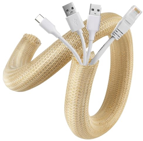 AGPTEK 3m Kabelschlauch, 12-20mm selbstschließend Kabelkanal, Flexibler gewebter Kabelmantel, Kabelmanagement für Schreibtisch, TV, Computer, PC, Kabelschutz für Hund, Katze, Gelblich-braun