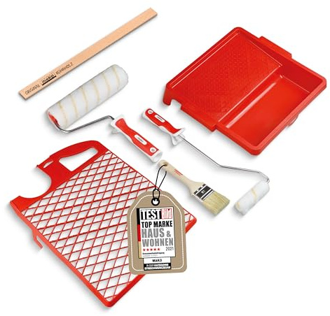 mako PROFI Maler-Set 7-teilig – Komplett-Set inkl. Klein- und Großflächenroller, Flachpinsel, Goldfadenwalze, Abstreifgitter, Farbwanne und Rührholz in Handwerker-Qualität
