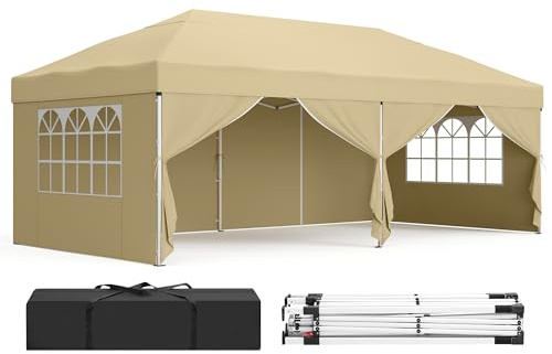 SONGMICS Pavillon, 3 x 6 m mit Seitenwänden, Faltpavillon, Gartenpavillon, Partyzelt, Sonnenschutz, Leichter Regenschutz, tragbar, für Hof, Garten, Markt, Party, beige GCT204LZ01