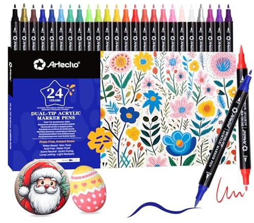 Artecho Acrylstifte 24 Farben, 0.5-5mm Wasserfester Dual Tip Marker | 1 mm Feinspitze & 0,5-5 mm Pinselspitze, deckend, für Steine, Glas, Holz, Keramik, Leinwand & DIY
