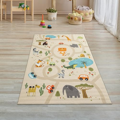 Teppich-Traum Kinderteppich Safari Tiere Straßen Beige 80x150 cm | Pflegeleicht, rutschfest, strapazierfähig und allergikergeeignet, mit Löwen, Elefanten, Zebras, Krokodilen und Straßen
