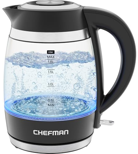 Chefman Elektrischer Wasserkocher, 1.8L 2200W, abnehmbarer Deckel, automatische Abschaltung, Trockengehschutz, Edelstahlfilter, BPA-frei, elektrische Teekanne aus Borosilikatglas