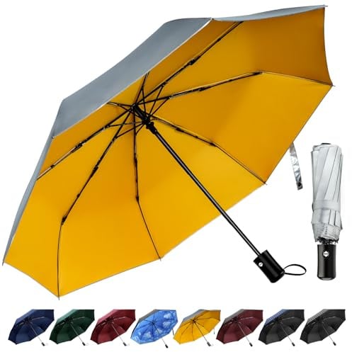 TechRise Regenschirm, Regenschirm Sturmfest mit Automatischer Öffnung & Schließung, Tragbarer & Faltbarer Taschenschirm für Männer Frauen Kinder (silbrig-gelb)