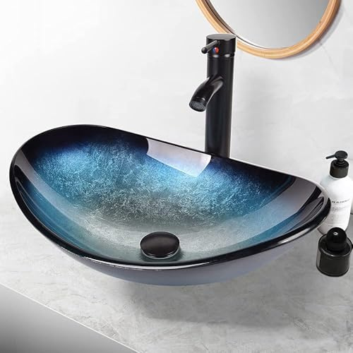 YU YUSING Aufsatzwaschbecken Waschbecken Glas Waschtisch, Oval Hand Waschschale mit Wasserhahn Set, Waschplätze für Badezimmer Küche Gäste WC, Modern Blau, 53 x 35 x 16 cm