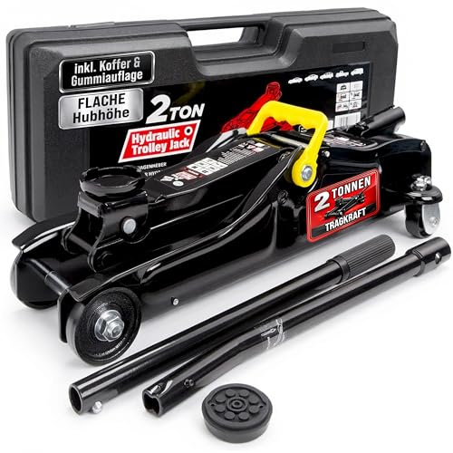DEUBA® hydraulischer Wagenheber 2 Tonnen Flache Hubhöhe 85-330mm inkl. Koffer inkl. Gummiauflage KFZ Auto Rangierwagenheber Hydraulik Flachwagenheber