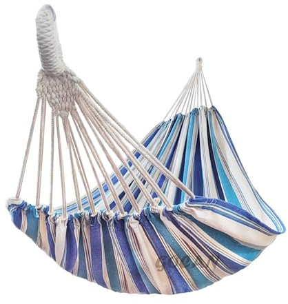 Doppelhängematte zum Aufhängen 220 × 150 cm Polybaumwollstoff XXL | Aufhängbare Hängematte maximale Tragfähigkeit 300 kg geeignet für Garten Innenbereich Außenbereich und Camping(blau-weiß)