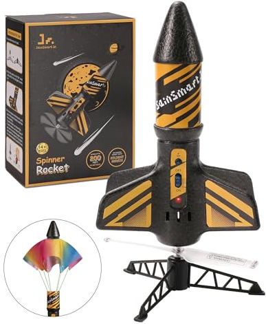 SainSmart Jr. Rakete Spielzeug mit Fallschirm, bis 61 m (Schwarz) | Motorisierte Rakete, Mit Fallschirm, iederaufladbar, Bis zu 60 m Höhe, Outdoor-Spielzeug