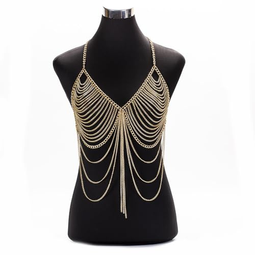 SMTCM Körperkette Damen Lagen-BH Kette Sexy Brustkette Geschichtet Quaste Dessous Metallkette Ketten Truhe Bikini Body Chain Bauch Halskette Körper Schmuck für Frauen Nachtclub Party Strand (Gold)