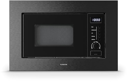 Klarstein Verosteel Einbaumikrowelle 60 cm mit Grill – 20L, 700W Mikrowelle & 800W Grill, 8 Programme, Touch-Bedienung, Edelstahl, Auftaufunktion, LED-Innenbeleuchtung, Schwarzer Edelstahl