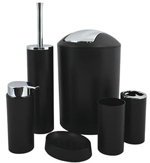MSV Badezimmer Set, 6-teiliges Badzubehör Seifenspender, WC Bürste, Seifenschale, Kosmetikeimer und Zahnputzbecher Schwarz matt