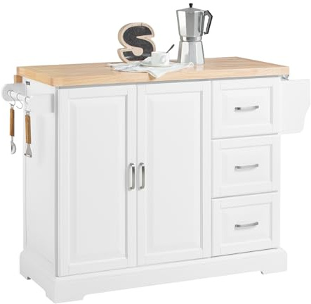 SoBuy Kücheninsel mit erweiterbarer Massivholz-Arbeitsplatte mobiler Küchenwagen auf Rollen Küchenschrank mit 3 Schubladen Weiß 130x91x(46-71) cm FKW41-II-WN