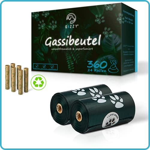 GIZZY® 360x Hundekotbeutel I 24 Rollen I 100% recyceltes PE (Pre-Consumer) I Reißfest & Auslaufsicher I Ohne Duft I Kotbeutel für Hunde