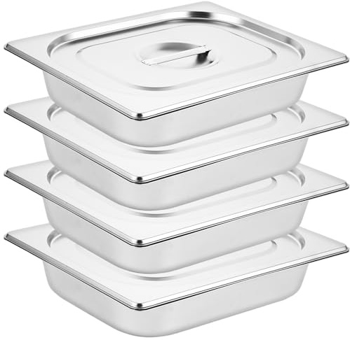 WOPPLXY 4 Stück GN Behälter 1/2, 32,5 x 26,5 x 6,5 cm Edelstahl Behälter mit Deckel, Gastro Behälter für Schnitzel Fisch und Fleisch