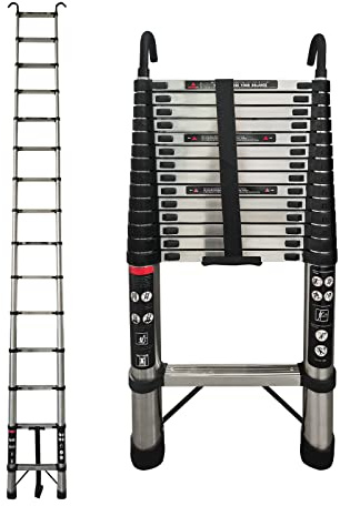 4,4M Teleskopleiter mit Haken Edelstahl Leiter Klappleiter Ausziehleiter Stehleiter Rutschfester, Teleskop-Design, aus hochwertigem Edelstahl, Tragbar, Leichte, 150 kg Belastbarkeit