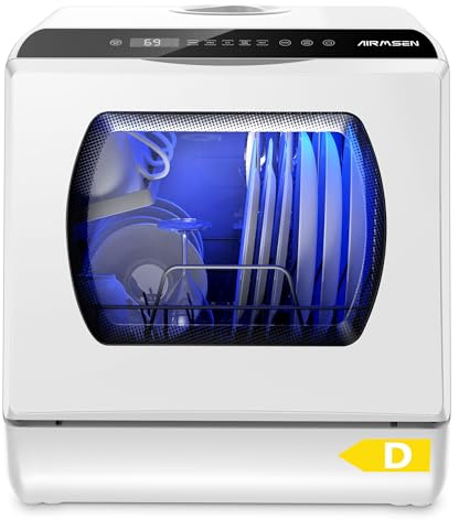 AIRMSEN Tischgeschirrspüler, Mini Geschirrspüler mit 5+1 Programme (Weiß) | 5L Wassertank, 2 Wege Wasserversorgung, Touch Control & LED-Display, Geeignet für Hausküchen, Wohnungen, Schlafsäle