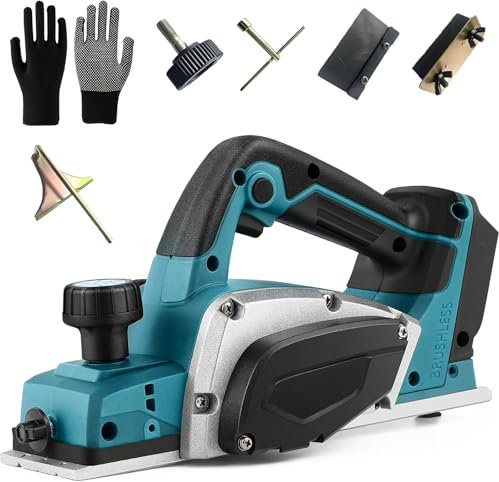 Akku Hobel mit Handschuhe Kompatibel mit Makita 18V, Kabellose Elektrische Hand-Planer Randhobel, 16500 U/min, 82mm Hobelbreite, 0-2mm Tiefeneinstellung für Holzbearbeitung (ohne Batterie)