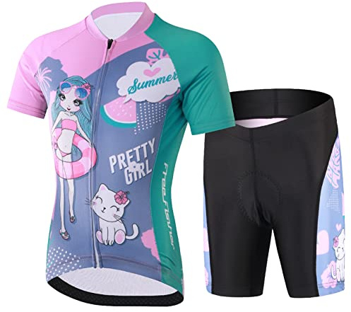 SXSHUN Kinder Jungen Radtrikot Mädchen Fahrrad Trikot Radhose mit Sitzpolster Kurzarm Radshirt Radsport Anzüge