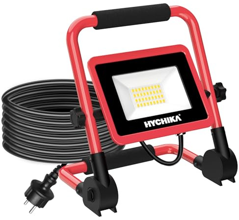 HYCHIKA LED Baustrahler 30W, Baustellen Strahler 3500 LM 6500K kaltweiß, IP65 Wasserdicht, Tragbare Arbeitsleuchte, Arbeitsbeleuchtung mit 2m Netzkabel und Stecker