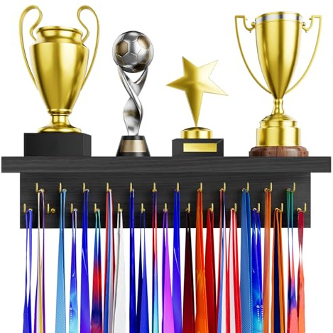 DSVENROLY Medaillenhalter, Trophäenregal, Organizer, stabiles Holz-Rennpreis-Aufhänger mit 25 Stahlhaken, Wandhalterung, Aufbewahrungsständer für Sport-Fans, Cheer Success (1 Stück, Retro-Grau)
