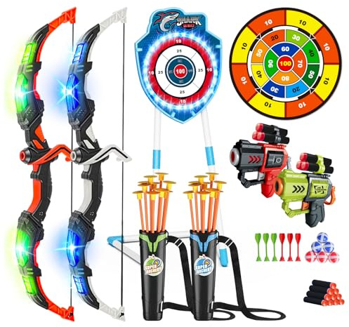 VATOS LED Pfeil- und Bogenschießen 2 Stück Spielzeug Set für Kinder 5-12 Jahre, Leuchtender Bogen und Hai Saugnapf-Standziel, 73 cm Dartscheibe, Innen Außen Spielzeug Geschenk für Jungen Mädchen