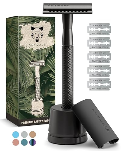 ANYMALE® Rasierhobel Herren (Black Edition) inkl. 5 x Ersatzklingen-Set & Ständer - Nassrasierer & Männer Rasierer (Zero Waste) Metall mit 5 Klingen - Herrenrasierer & Klingenrasierer, Safety Razor