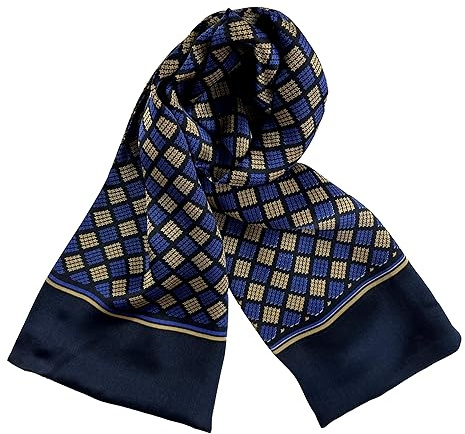 JWSilk Lange Seidenschal aus Charmeuse für Herren, Indigo-Quadrate, 160x25 cm