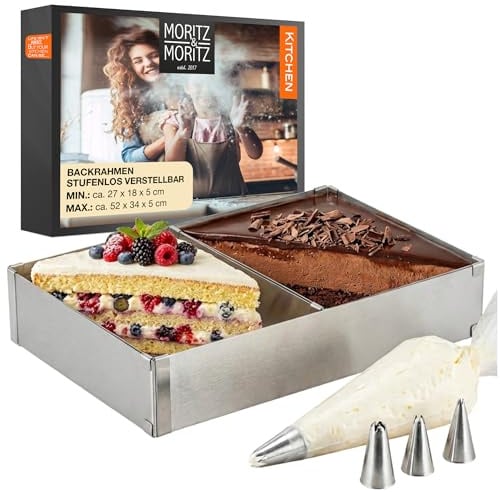 Moritz & Moritz Backrahmen Rechteckig Verstellbar - 5cm hoher Edelstahl Backrahmen eckig - Von 27x18 bis 52x34cm stufenlos verstellbare Kuchenform rechteckig - Mit 10 Spritzbeuteln & 3 Tüllen