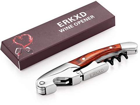 ERKXD Premium Kellner-Korkenzieher All-in-One aus Edelstahl mit Rosenholz-Zuggriff, Flaschenöffner und gezahntem Folienschneider