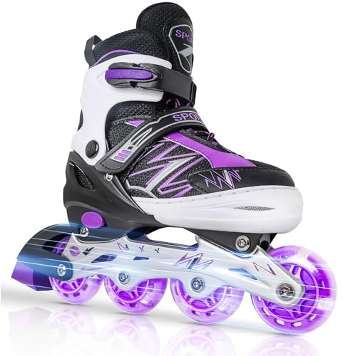 LOKJIJI Einstellbare Inline Skates für Kinder Mädchen Jungen Anfänger, Inline Skates mit Light Up Räder für Kinder und Jugendliche für drinnen draußen Sport Violett & Rot