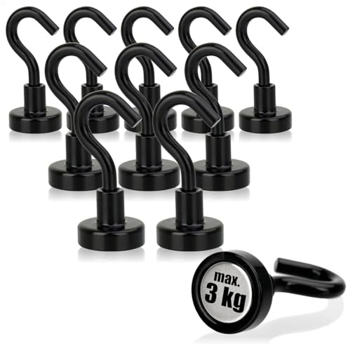 com-four® 10x Neodym Magnethaken 3 kg, starker Werkstatt-Magnet mit Haken | für Küche - Badezimmer - Garage oder Büro - Kleiderhaken mit Neodym-Magnet